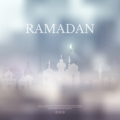 Ramadan Kareem islamic purple background with Lamp and silhouett