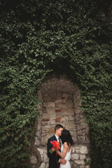 Fototapeta na wymiar Elegant beautiful wedding couple, bride and groom posing in park near a wall of bushes