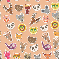 Set of funny animals muzzle seamless pattern. pink peach background. Vector