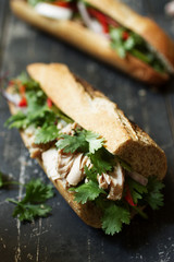 Tuna sandwich on dark wood background