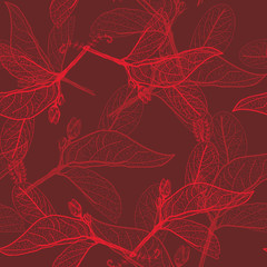 Leaves contours on brown background. floral seamless pattern, hand-drawn. Vector