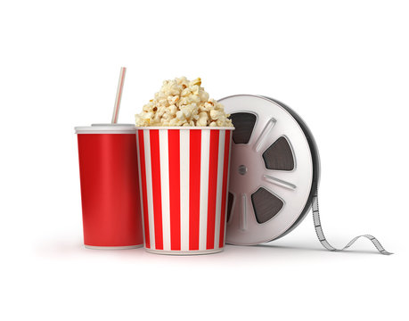 Cinema concept: film reels, popcorn, cola,3d illustration