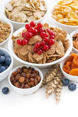 assortment of different breakfast cereal, dried fruit 