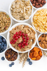 assortment of different breakfast cereal, dried fruit 