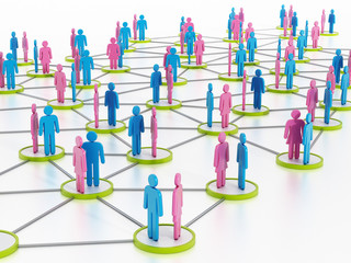 Man and woman silhouettes on green dots connected to each other. 3D illustration