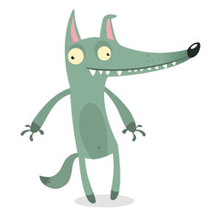 Vector cartoon wolf character isolated on white. Forest funny wolf flat icon. Crazy wolf character 