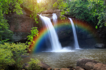 Haew Suwat Waterfall, the beautiful waterfall in rain forest with rainbow at Khao Yai National...