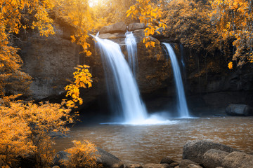 Fototapeta na wymiar Haew Suwat Waterfall, the beautiful waterfall in rain forest at Khao Yai National Park, Thailand