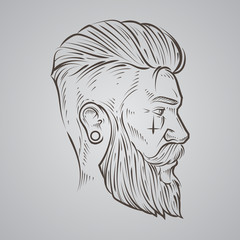 hand draw, hipster label badge, for logo, simple iilustration, man, profile view