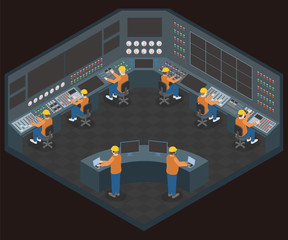 control center room and working engineers, vector illustration
