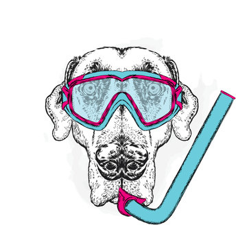 Funny dog wearing a mask for diving. Vector illustration. 