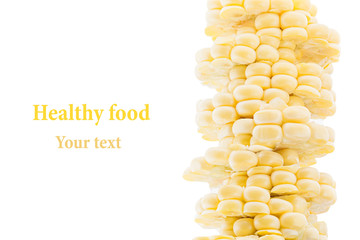 Pile of sliced corn cobs on a white background. Isolated. Decorative frame. Macro. Food background. Copy space. Concept art.