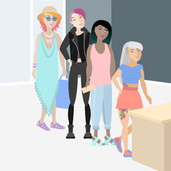 Obraz premium Four girls with original hairstyles of unique colors standing in