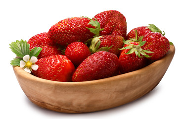Wooden bowl of fresh strawberries, clipping paths