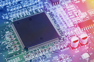 Printed computer circuit board with electronic components. Computer and networking communication...