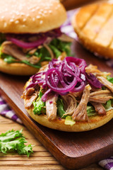 Burger with meat of duck with red onion and lettuce.