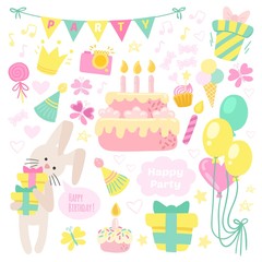 Birthday celebration attributes vector icons.