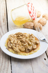 Pancakes with walnut and caramel for a breakfast