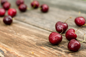 Cherry tails and dew drops on the old boards