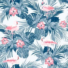Garden poster Flamingo Indigo tropical summer seamless pattern with flamingo birds and exotic flowers