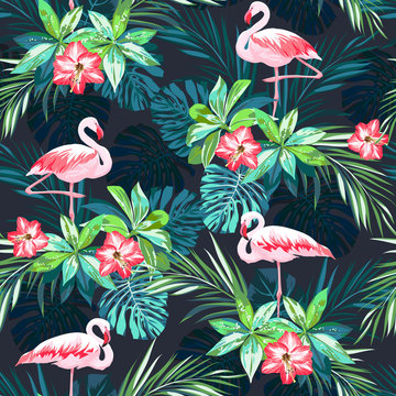Fototapeta Fototapeta Flamingi wśród kwiatów i liście akwarela na ciemnym tle na zamówienie