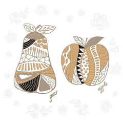 stock vector set of fruit with , pear, apple, leaf and flower. h