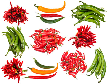 set of various raw hot peppers isolated