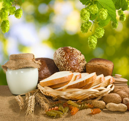 mage of bread, nuts, wheat and dairy closeup