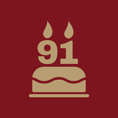 The birthday cake with candles in the form of number 91 icon. Birthday symbol. Flat