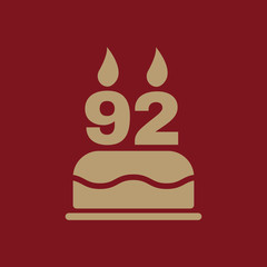 The birthday cake with candles in the form of number 92 icon. Birthday symbol. Flat