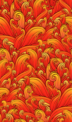 seamless pattern with red curls, fire, flames, swirls, helix, loop, optical illusion. Vector illustration