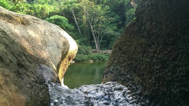 Rio Blanco, Belize - May, 2016 - Looking through the water flowing through two rocks.