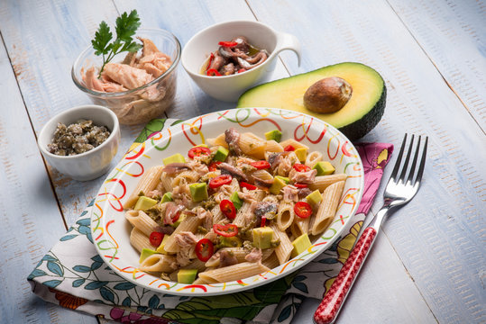 pasta with tuna capers avocado and anchovy