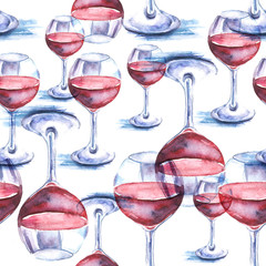 Seamless vintage watercolor pattern.    Illustration red wine in the glass. Glass of wine. Figure executed in watercolor 