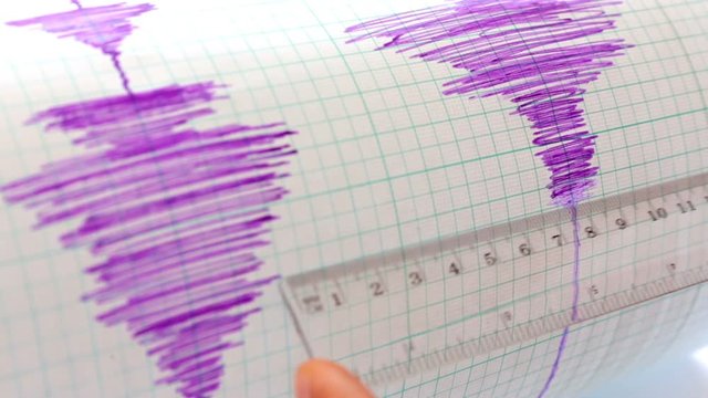 Seismological device for measuring earthquakes. Seismological activity live on the sheet of measuring paper. Earthquake wave on graph paper. Human hand measuring with a ruler on the paper.