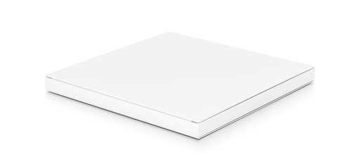 White thin flat horizontal rectangle blank box from top side angle.