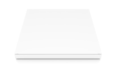 White thin flat horizontal rectangle blank box from top front closeup angle.