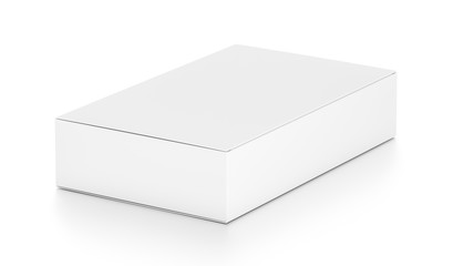 White wide flat horizontal rectangle blank box from side angle.