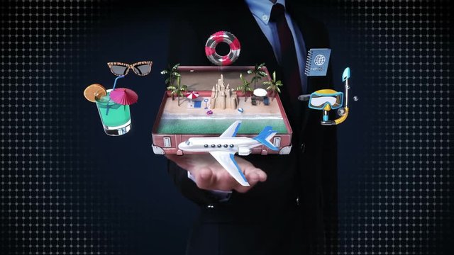 Businessman open palms, Opened a vintage leather traveling bag, trunk, Prepare to travel for summer vacation, tour 