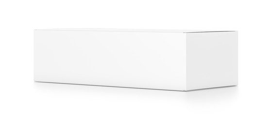 White wide horizontal rectangle blank box from side angle.