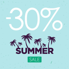 vector summer sale banner. Palm silhouette and text on blue background. Big discount.