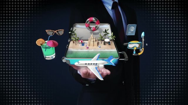 Businessman open palms,Opened a traveling bag, trunk, Prepare to travel for summer vacation, tour.