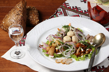 Assorted pickled mushrooms with bread