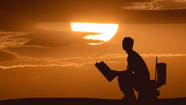 6 in 1! Man read a newspaper on the toilet against the background of sunset. Real time