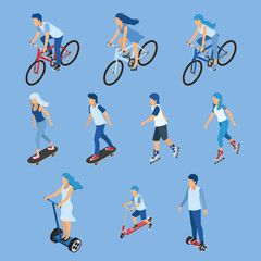 Obraz premium Isometric Boy, girl and kid riding bicycle, skateboard, scooter