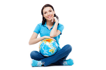 Beautiful young woman on white background