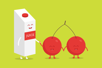 Funny cute cherry juice packaging and glass drawn with a smile, eyes and hands.