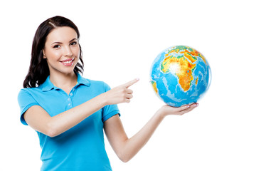 Beautiful young woman on white background