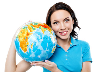 Beautiful young woman on white background