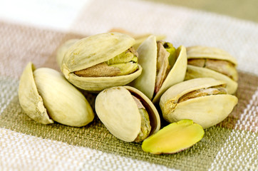 Roasted Pistachio in Closed-up on Tablecloth.